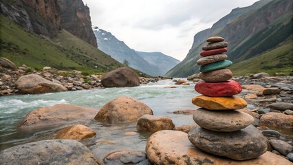Serene Stacked Stone Cairn in Riverbed Landscape