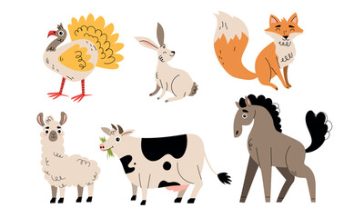 Charming Illustration Featuring Adorable Farm and Forest Animals in a Colorful Setting