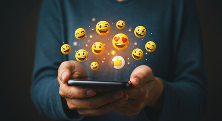 Person holding a phone with floating emojis and a thumbs up icon above the mobile device screen