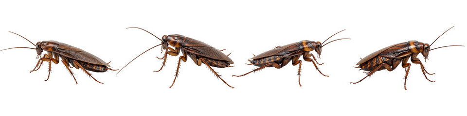 Four Cockroaches marching: Close-up captures a line of cockroaches walking isolated. Showcase of the common household pest in high-quality detail.