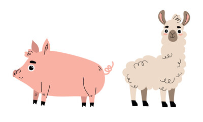 Adorable and Cute Cartoon Pig along with Cheerful Llama Characters for Fun and Creative Designs