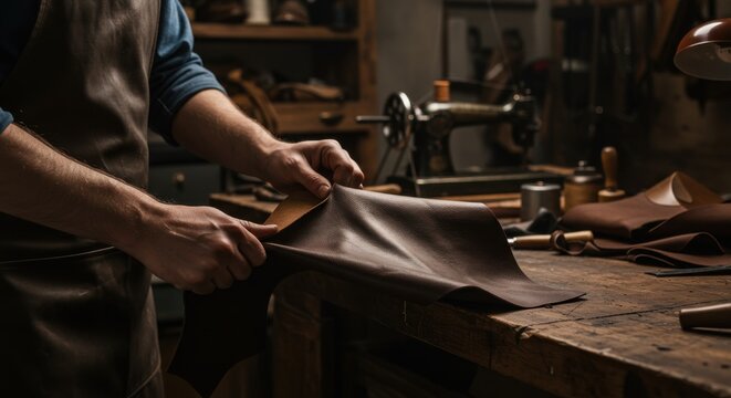 Artisan craftsman skillfully working with brown leather at a workshop, surrounded by tools and materials - Powered by Adobe
