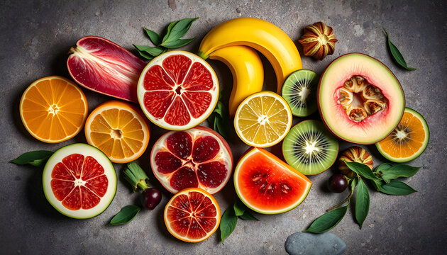 Flat lay of colorful exotic fruits sliced open on a textured stone background with dramatic lighting