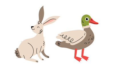 Charming and Cute Illustration Featuring a Rabbit and Duck in a Playful and Colorful Style