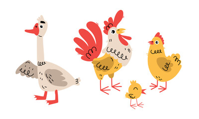 A Vibrant and Colorful Illustration of Farm Animals Featuring a Goose, a Rooster, and Chicks