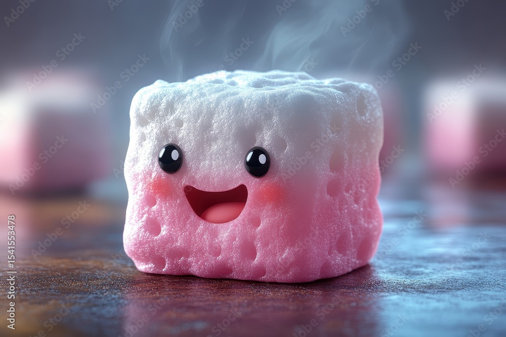 Poster cute smiling pink and white marshmallow character emanating steam in a warm and inviting setting
