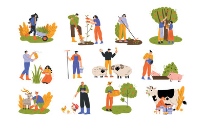 Fototapeta premium Colorful and Lively Illustrations Depicting Farm Life with Gardening and Various Animals