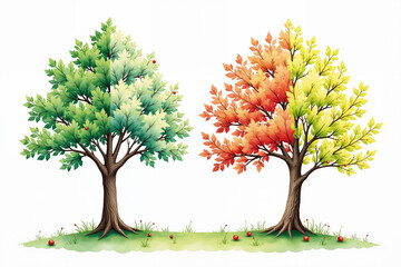 A watercolor illustration of a single tree going through all four seasons