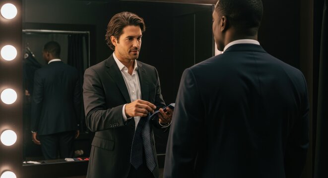 Two well-dressed men adjusting ties in a stylish dressing room with bright vanity lights, preparing for an event