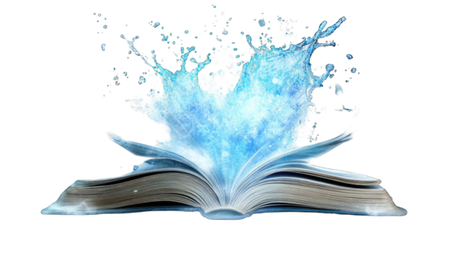 Open book erupting with ethereal blue light