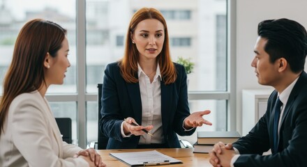 Professional business meeting in a modern office with engaged discussion among colleagues