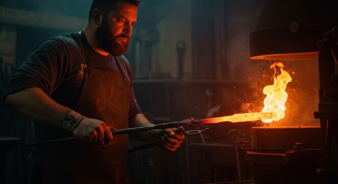 A blacksmith skillfully shaping molten metal in a dimly lit forge, surrounded by tools and glowing embers