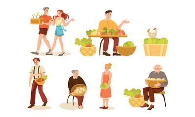 Illustrations showcasing vibrant market vendors along with an array of fresh produce