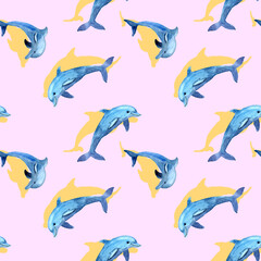 Watercolor seamless pattern of blue dolphins silhouettes. Illustration of sea animals and fishes. School of red fish. Design for fabric, backgrounds, packaging, covers, postcards, textile.