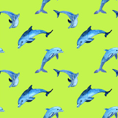 Watercolor seamless pattern of blue dolphins silhouettes. Illustration of sea animals and fishes. School of red fish. Design for fabric, backgrounds, packaging, covers, postcards, textile.