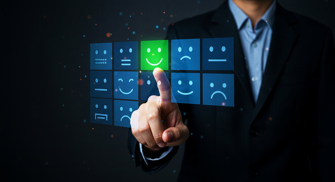 A person in a suit selecting a happy face on a digital interface with various emotion icons shown