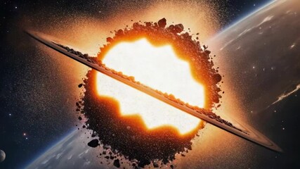 Pulsing bright flares leading glowing ringed planet splitting in space, with rocky debris halo - Powered by Adobe