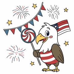 Patriotic Spark colored Eagle with a Mischievous touch, placed in a 4th of July theme and styled with holding a lollipop