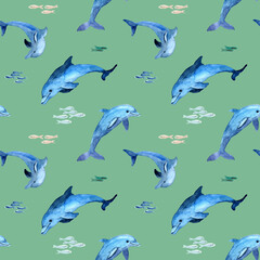 Watercolor seamless pattern of blue dolphins silhouettes. Illustration of sea animals and fishes. School of red fish. Design for fabric, backgrounds, packaging, covers, postcards, textile.