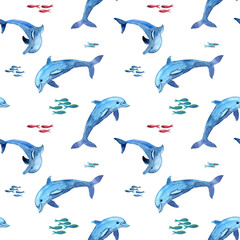 Watercolor seamless pattern of blue dolphins silhouettes. Illustration of sea animals and fishes. School of red fish. Design for fabric, backgrounds, packaging, covers, postcards, textile.