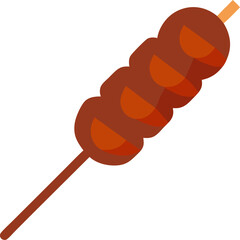 A single skewer with large chunks of grilled meat on it with white background.