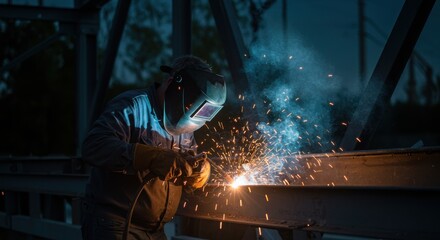Nighttime welding on a metal structure with sparks flying, showcasing skilled craftsmanship and safety