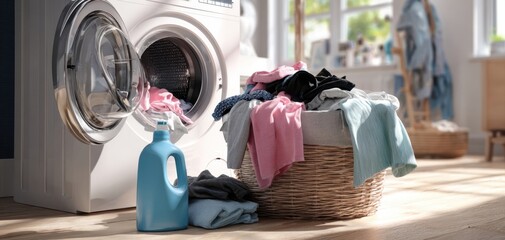 The washing machine surrounded by a colorful assortment of laundry in a sunny room.