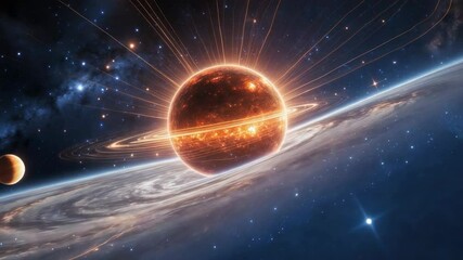 Panning camera showing rotating orange ringed planet in space, with satellite and light streams - Powered by Adobe