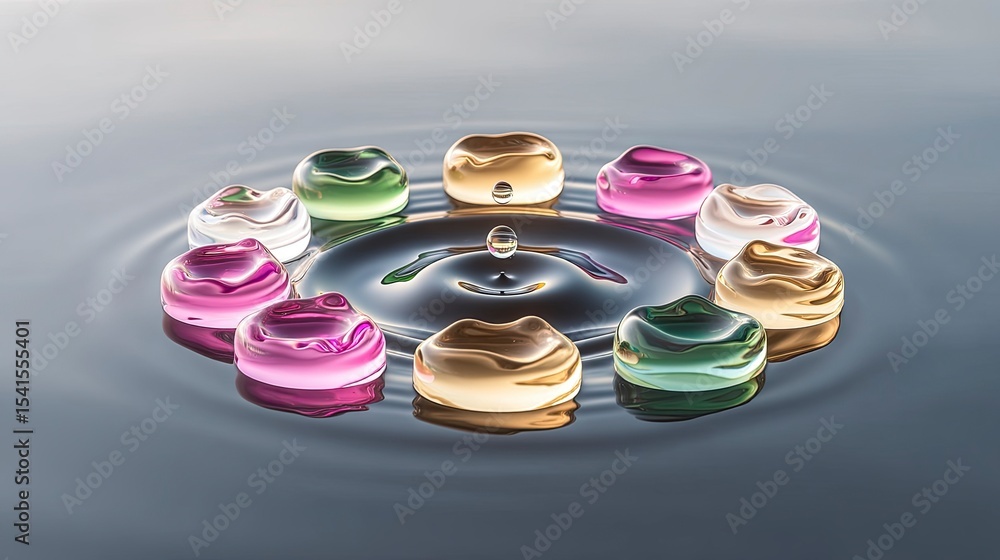 Poster colorful water drops creating circular ripples on calm surface