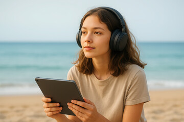 work and travel lifestyle, Woman listening to music on headphones while relaxing at the beach with a tablet