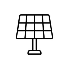 Minimalist black outline vector icon of a solar panel, symbolizing renewable energy, sustainability, and clean power. Isolated on a transparent background
