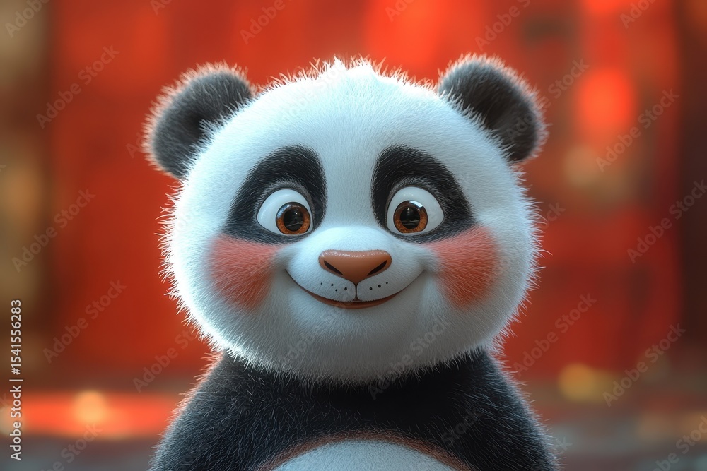 Poster cute panda character smiling in vibrant setting with blurred background
