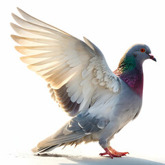 pigeon with iridescent neck feathers, orange eyes, and detailed wings standing upright in full profile isolated on white background