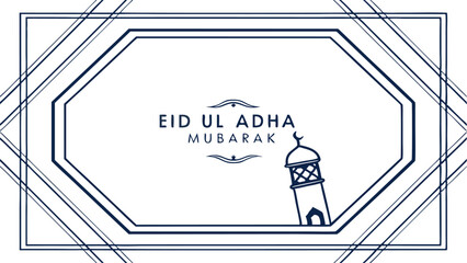 Eid ul adha mubarak greeting card with geometric frame and mosque minaret illustration in simple design