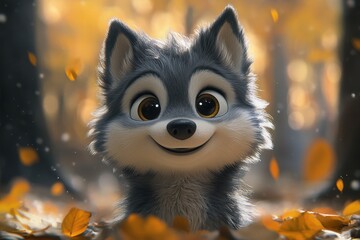 Cute cartoon wolf with big eyes and a happy expression in a forest during autumn