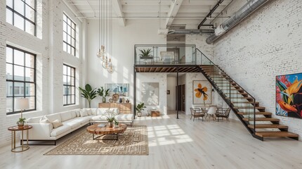 Spacious Industrial Loft with Glass Mezzanine and Modern White Sectional Living Area