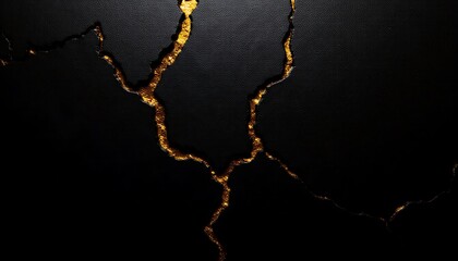 Fototapeta premium Intricate network of shimmering golden cracks across a textured, dark, and subtly grainy surface.