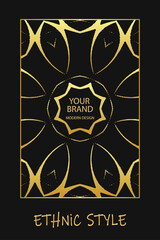 Ethnic black lorem background, cover design. Geometric decorative gold pattern. Template, stencil, stained glass. Vintage ornaments, arabesques, mandala, logo of the East, Asia, India, Mexico, Aztec.
