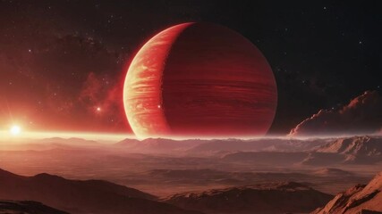 Revealing red gas giant hovering above rocky desert ridges, under distant star and star field glow - Powered by Adobe