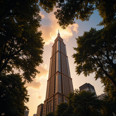 Urban Skyscraper at Sunset: Architectural Marvel .