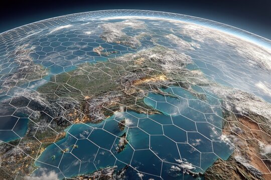 Global Network Security Visualization: Hexagonal Grid Over Earth at Night
