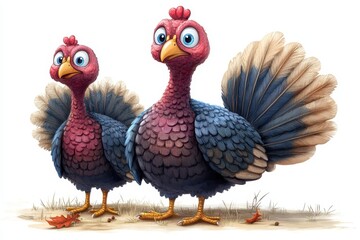 Fototapeta premium Two colorful cartoon turkeys standing in a grassy area during autumn season