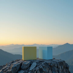 Pastel Cubes on Mountain Peak: A Minimalist Sunrise Scene .