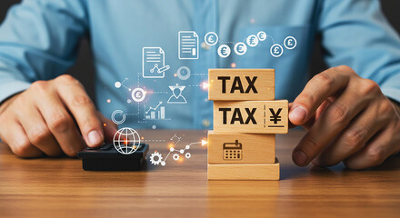 A person arranging wooden blocks with tax and currency symbols on a wooden table with icons floating