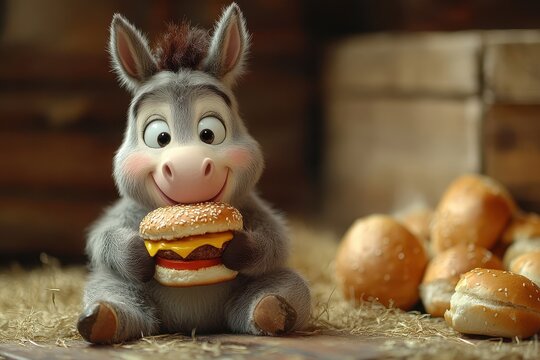 Cute cartoon donkey enjoying a delicious cheeseburger in a rustic setting with golden rolls scattered nearby