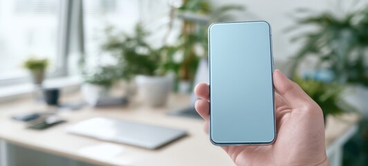 The smartphone held in hand against a serene office workspace background.