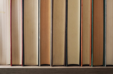 Detail of a row of books showing the front edge