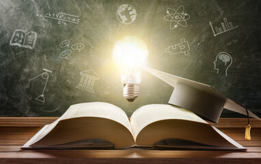 Concept of study in education with book an illuminated lightbulb