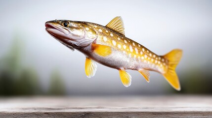 Naklejka premium Freshwater pike fish esox lucius jumping out of water. A predatory aquatic creature breaches surface tension exhibiting powerful locomotion.