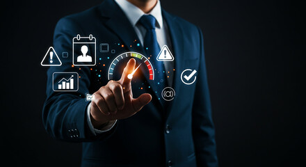 A businessman in a suit touching a digital interface with performance and business related icons around him